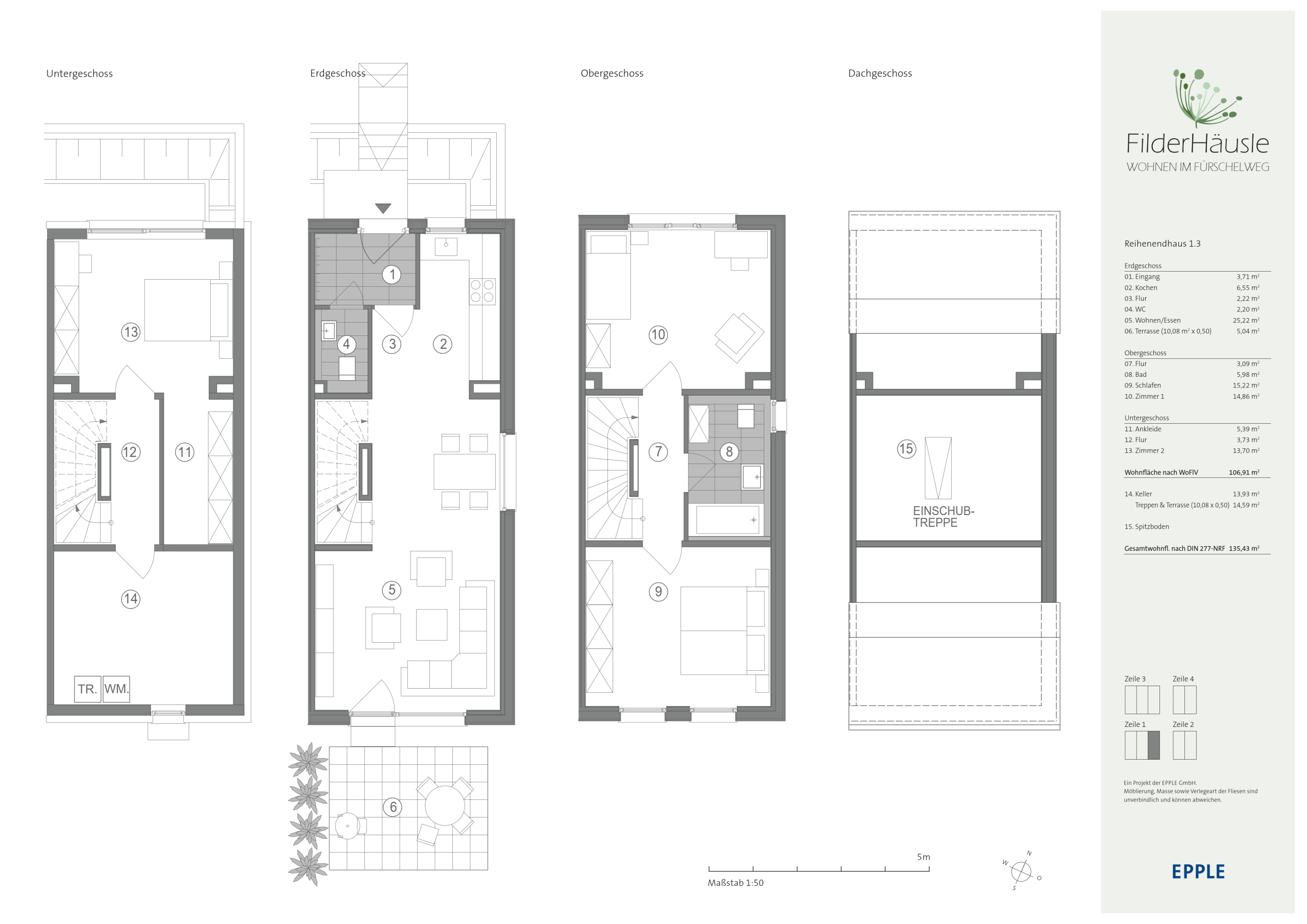 Sheet of architectural floor plans: basement, ground, upper, and attic levels with room layouts and a right-side legend.