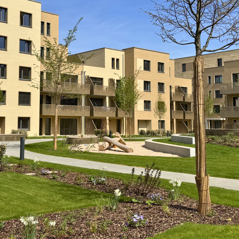 Beige modern apartment buildings surround a landscaped courtyard with green lawns, trees, and a wooden sculpture on a sandy play area.