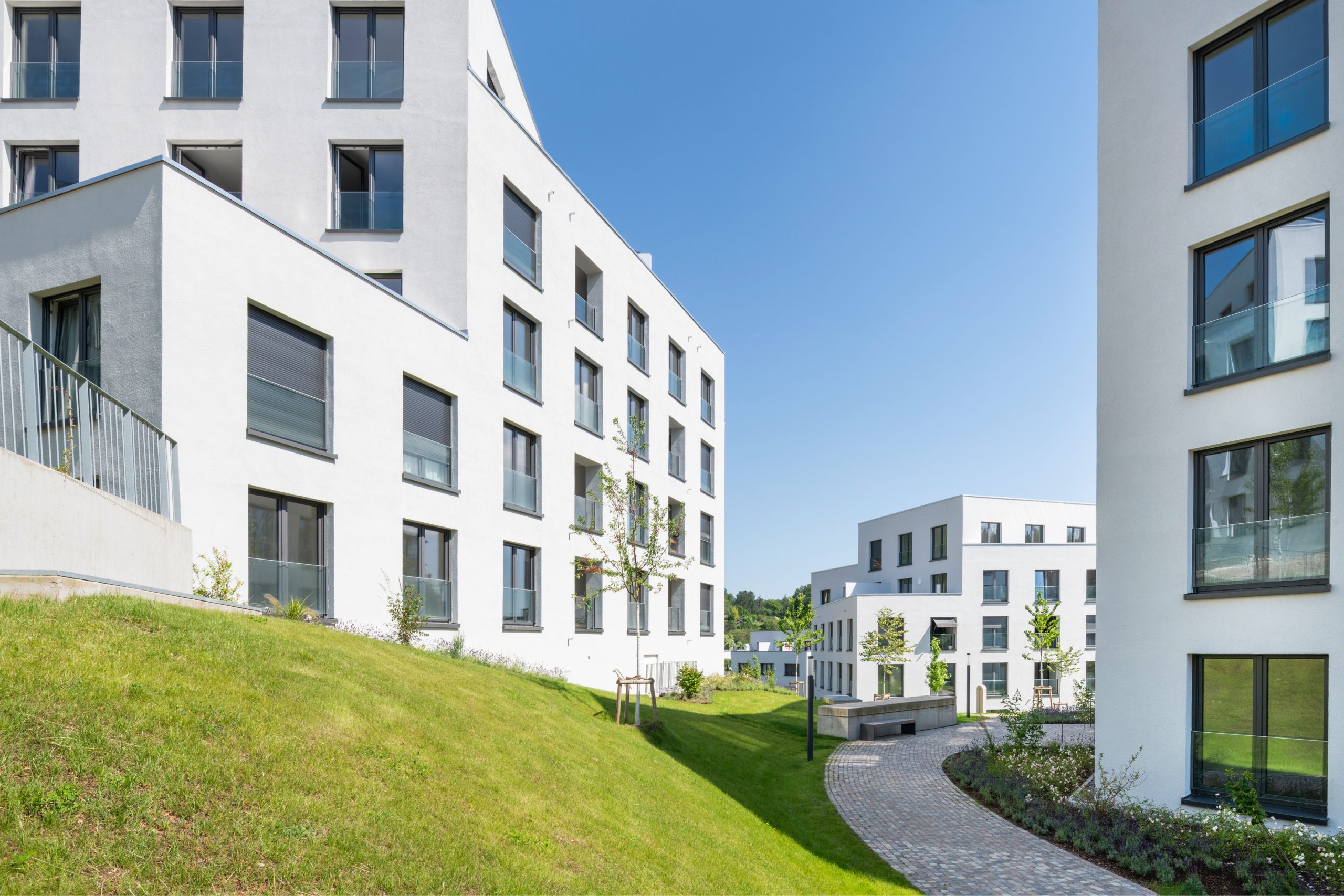 2408_Slider_Startseite6 Modern white apartment buildings with glass balconies line a curved cobblestone path, green lawn, and a clear blue sky behind.