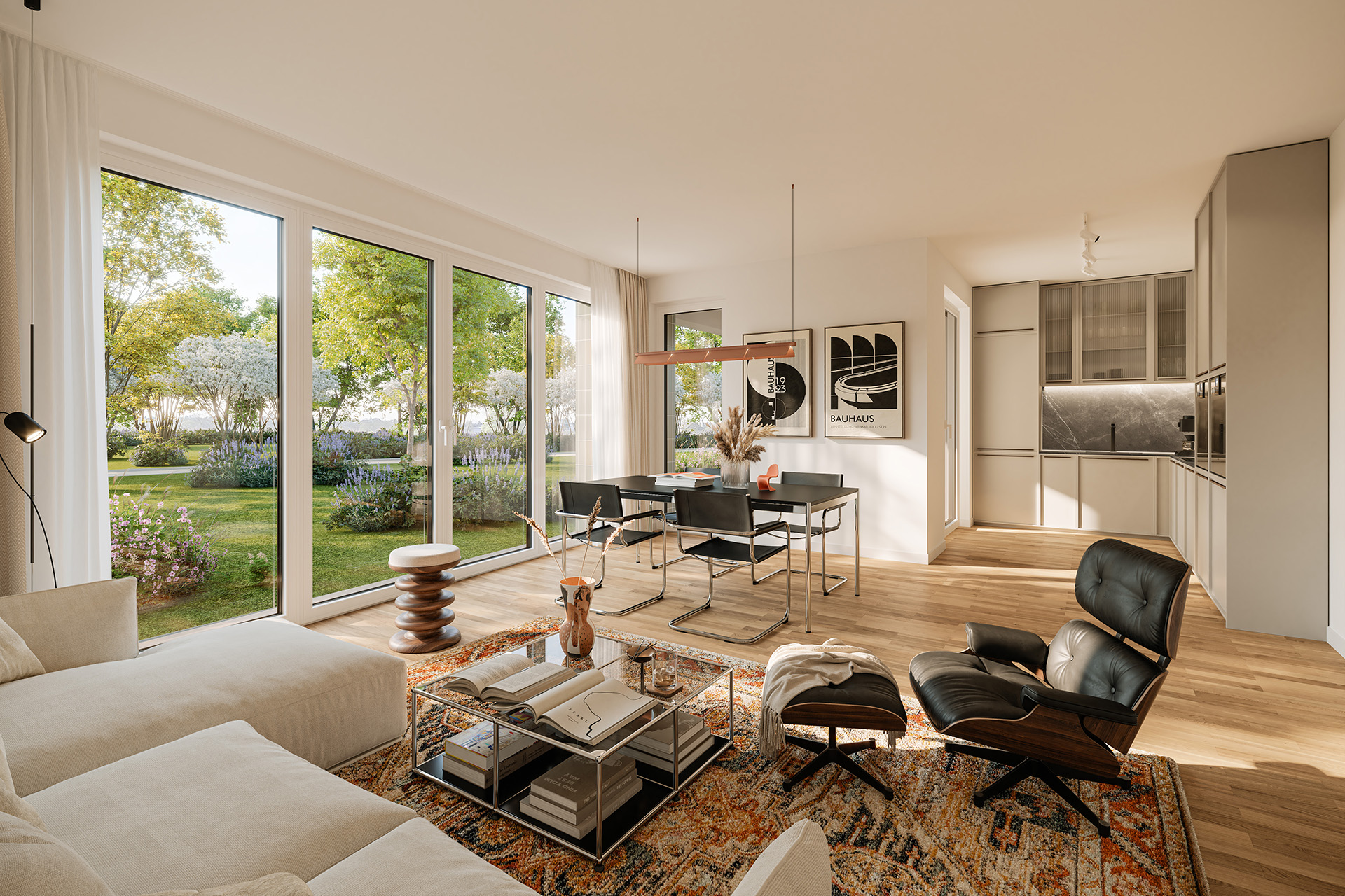 Haus Magnolie_3Zi_Wohnung G.0.3 Bright open living area with oversized glass doors to a garden, beige sofa, and a black dining set.